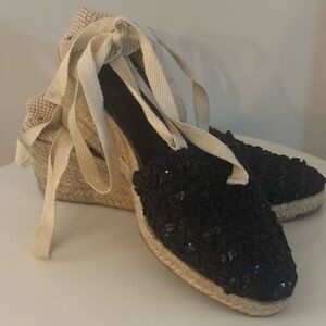Costa Blanca Black Espadrille Wedge Sandals - Size 39